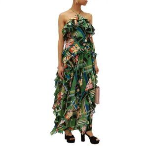GUCCI Green Floral Check-Print Ruffled Silk-Crepe Gown dress size IT 42/ US 6 NE